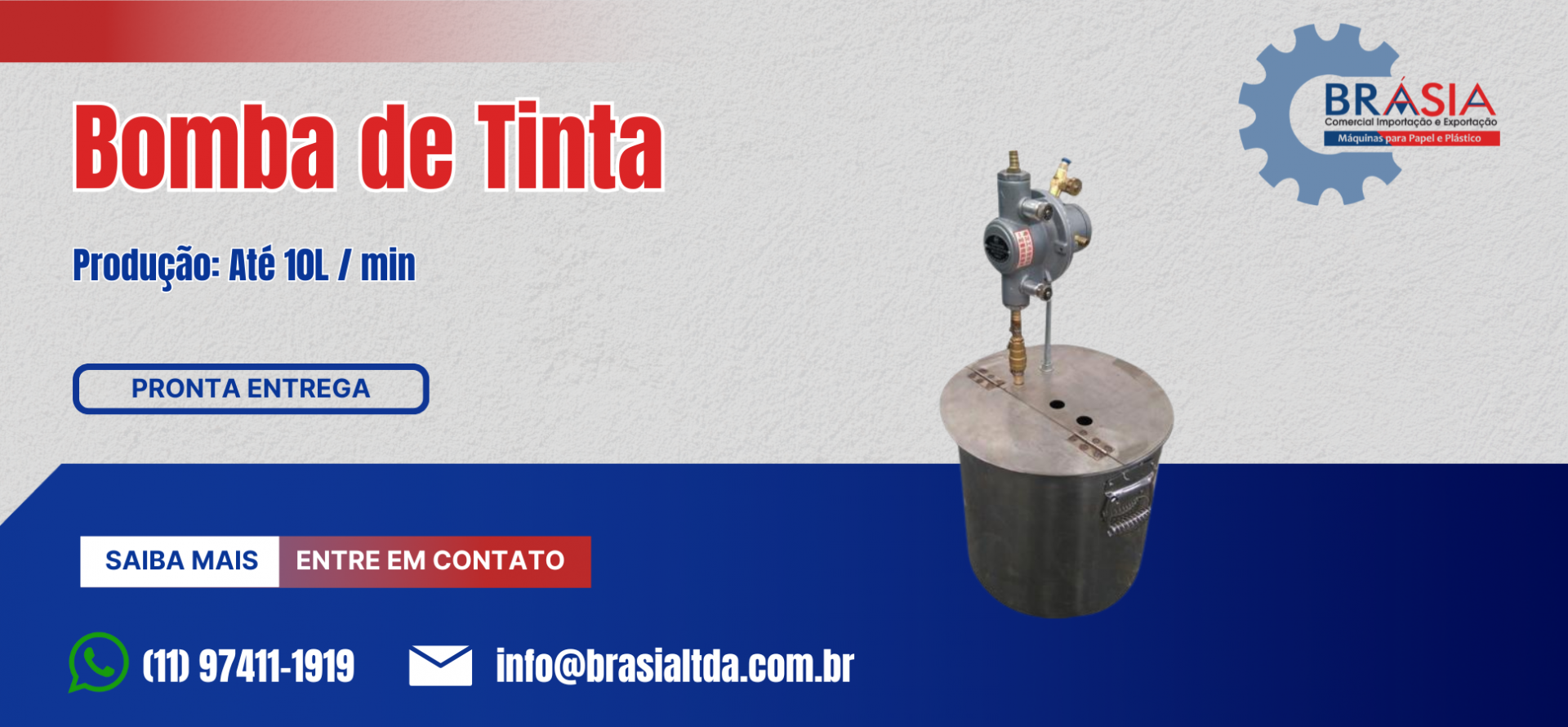Bomba de tinta -  A BRÁSIA, fundada em 2008, conta com sócios com mais de 30 anos de experiência. A empresa comercializa máquinas e equipamentos...Saiba mais.