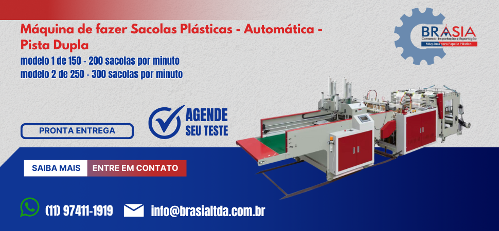 Máquina de Fazer Sacolas Plásticas - Automática - Pista Dupla  -  A BRÁSIA, fundada em 2008, conta com sócios com mais de 30 anos de experiência...Saiba mais.