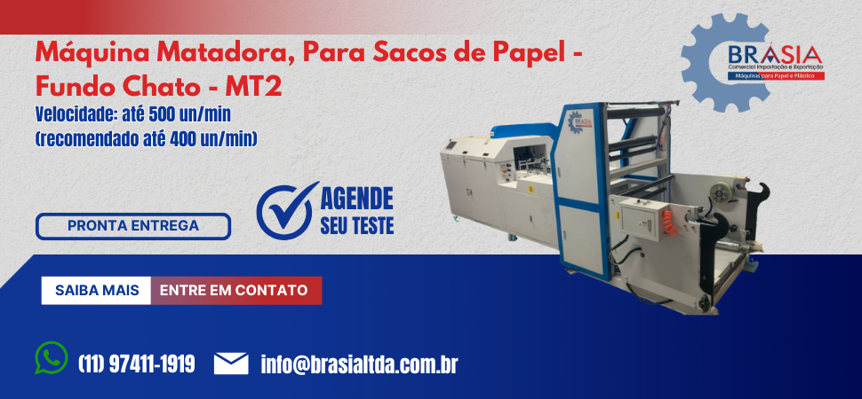 Máquina Matadora, Para Sacos de Papel - Fundo Chato - MT2 -  A BRÁSIA, fundada em 2008, conta com sócios com mais de 30 anos de experiência. A e...Saiba mais.
