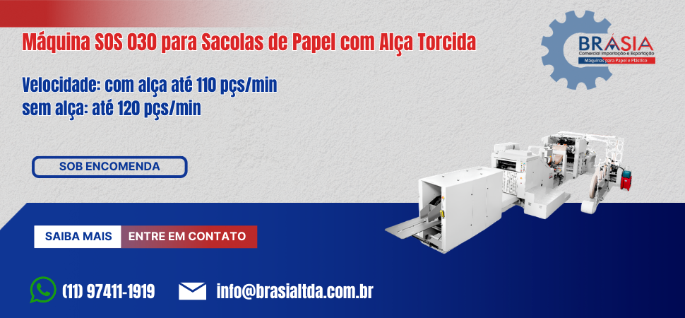 Máquina SOS 030 para Sacos de Papel com Alça Torcida -  A BRÁSIA, fundada em 2008, conta com sócios com mais de 30 anos de experiência. A empres...Saiba mais.