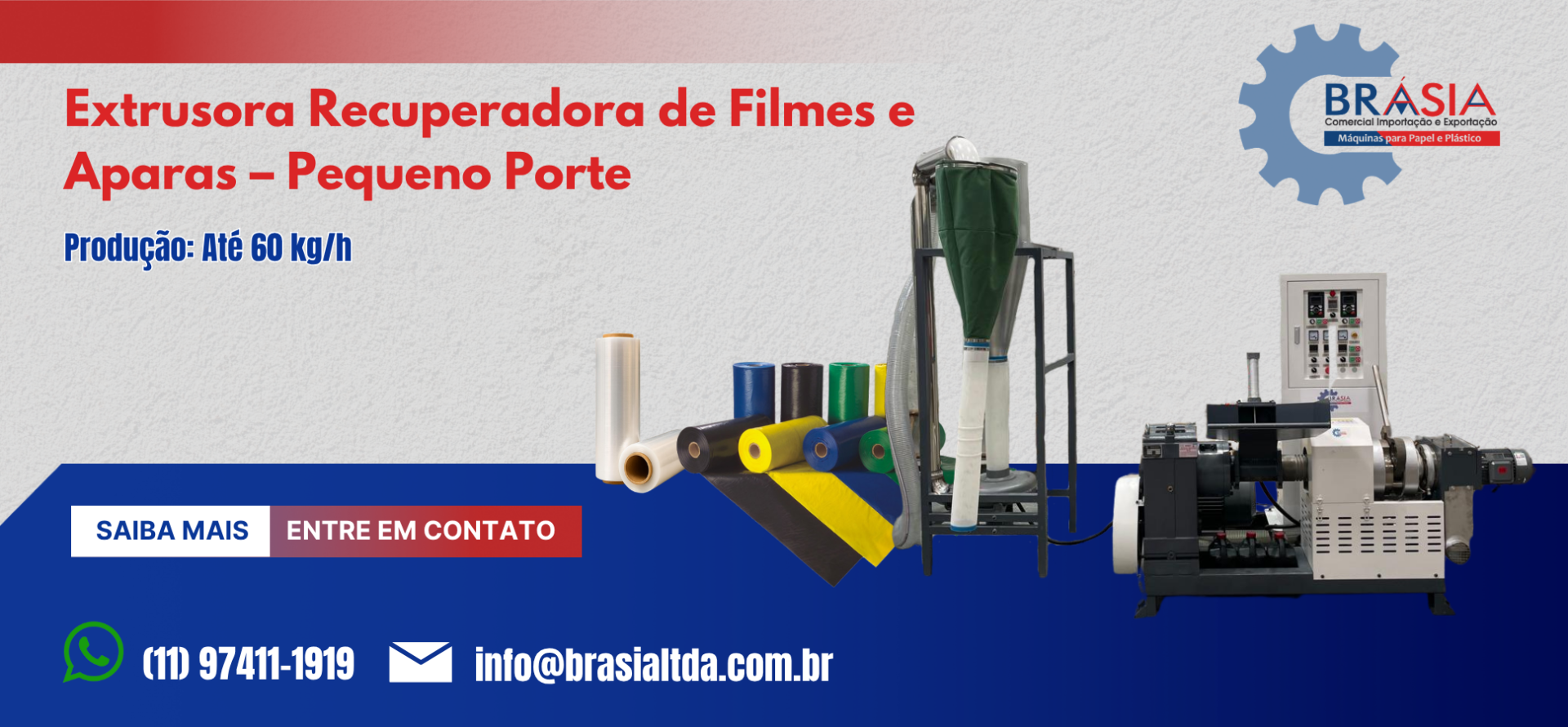 Extrusora Recuperadora de Filmes e Aparas - Pequeno Porte -  A BRÁSIA, fundada em 2008, conta com sócios com mais de 30 anos de experiência. A e...Saiba mais.