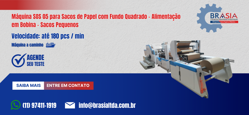 Máquina SOS 05 para Sacos de Papel com Fundo Quadrado - Alimentação em Bobina - Sacos Pequenos  -  A BRÁSIA, fundada em 2008, conta com sócios c...Saiba mais.