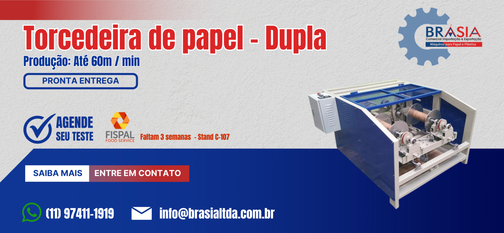 Torcedeira de Papel - Dupla -  A BRÁSIA, fundada em 2008, conta com sócios com mais de 30 anos de experiência. A empresa comercializa máquinas e...Saiba mais.