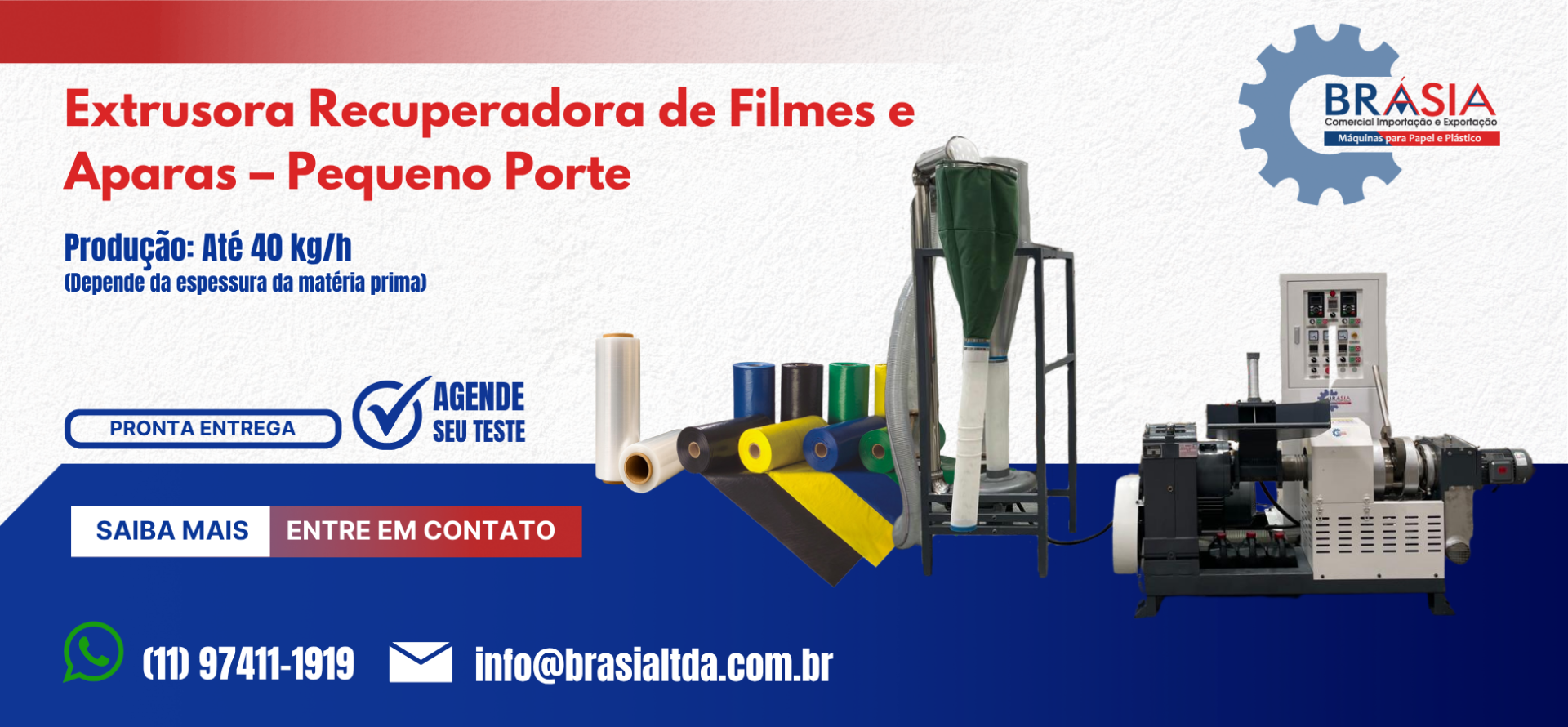 Extrusora Recuperadora de Filmes e Aparas – Pequeno Porte -  A BRÁSIA, fundada em 2008, conta com sócios com mais de 30 anos de experiência. A e...Saiba mais.