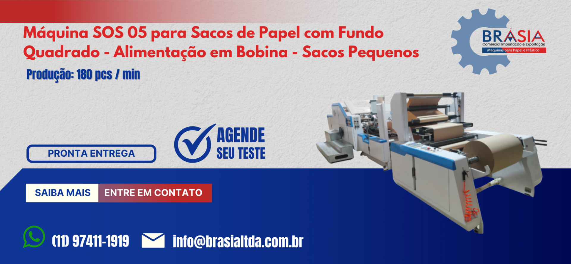 Máquina SOS 05-280 para Sacos de Papel  -  A BRÁSIA, fundada em 2008, conta com sócios com mais de 30 anos de experiência. A empresa comercializ...Saiba mais.