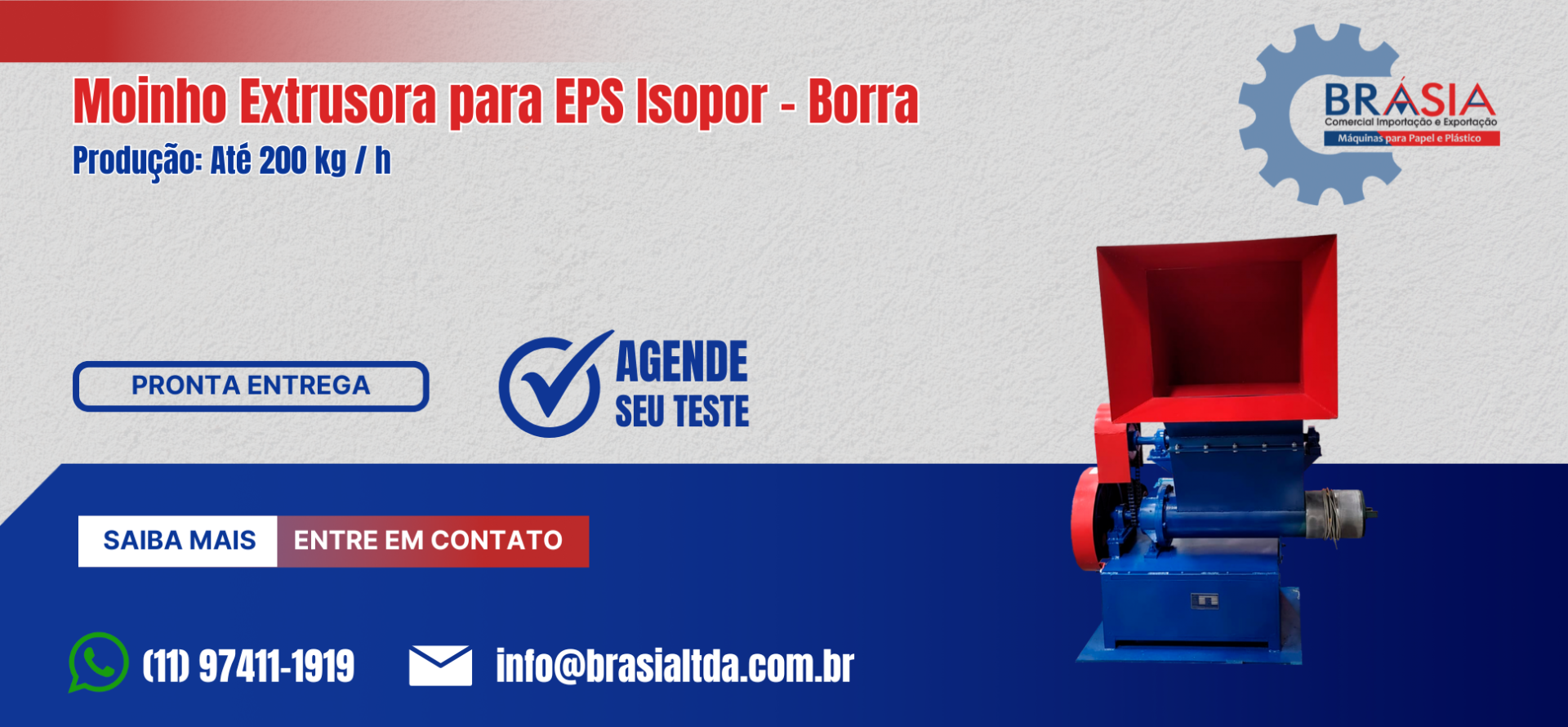 Moinho Extrusora para EPS Isopor - Borra -  A BRÁSIA, fundada em 2008, conta com sócios com mais de 30 anos de experiência. A empresa comerciali...Saiba mais.